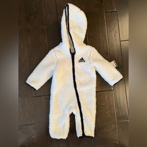 NWT Adidas Kids White Fleece Snowsuit Onesie with Black Trim